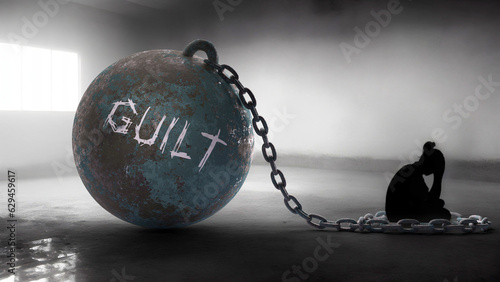 Guilt - a metaphorical view of a woman struggle with guilt. Trapped alone and chained to a burden of Guilt. Constant and strenuous fight.,3d illustration