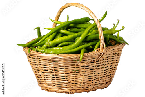 Fresh green pepper in a wicker basket isolated on white background. Green chili pepper harvest season concept. Vegetables for a healthy diet