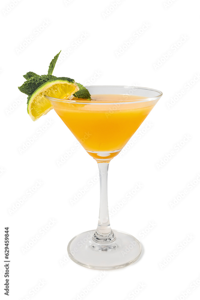 A martini glass filled with a refreshing citrus cocktail garnished with mint leaves and hard liquor.