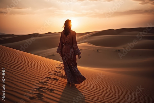 Arabian woman walk in the desert sand dunes at sunset. Wanderlust and summer vacation concept, generative AI