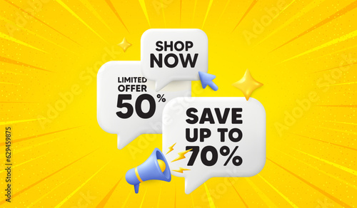 Save up to 70 percent tag. 3d offer chat speech bubbles. Discount Sale offer price sign. Special offer symbol. Discount speech bubble 3d message. Talk box megaphone banner. Vector