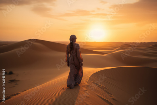 Arabian woman walk in the desert sand dunes at sunset. Wanderlust and summer vacation concept  generative AI