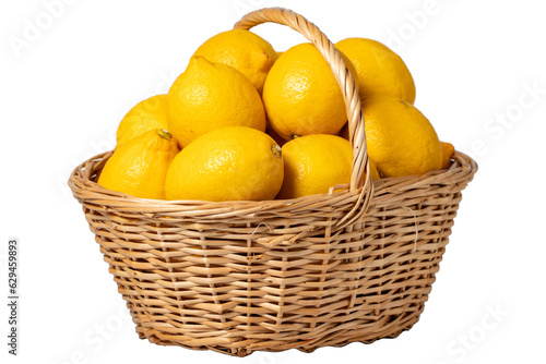 Fresh lemon in a wicker basket isolated on white background. Lemon harvest season concept. Vegetables for a healthy diet