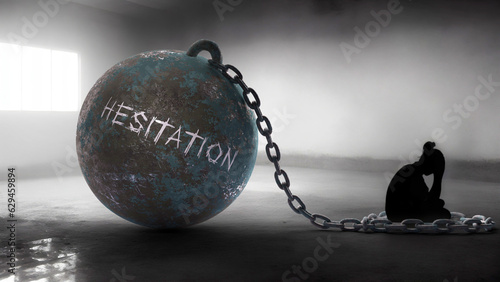 Hesitation - a metaphorical view of a woman struggle with hesitation. Trapped alone and chained to a burden of Hesitation. Constant and strenuous fight.,3d illustration