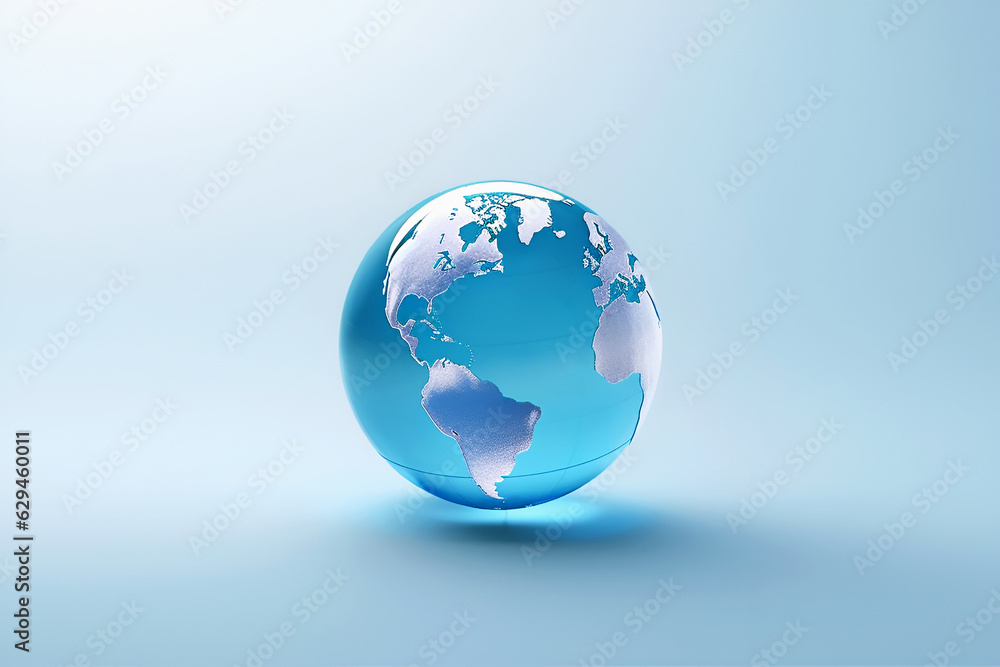 Fototapeta premium Transparent glass blue globe on light background with copy space. Education concept. Studying maps and using geographic tools. Innovative educational materials. Tourism and travel