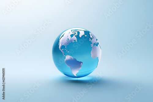 Transparent glass blue globe on light background with copy space. Education concept. Studying maps and using geographic tools. Innovative educational materials. Tourism and travel