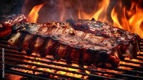 barbecue ribs, pork ribs on a barbecue, beef, roasted meet, grilled on a barbecue, grill, summer party and american food, cooked with fire, juicy meat
