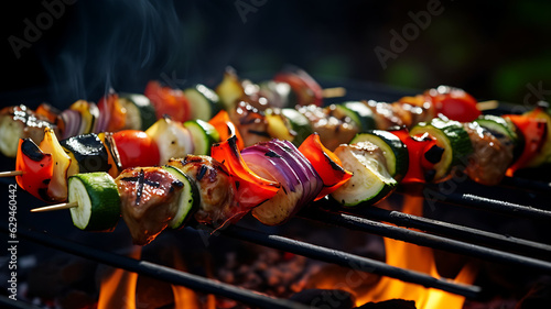 Vegetables and meat skewers, brochette grilled on a barbecue, bbq, corn, tomatoes, eggplant, roasted veggies, cooked with fire, pork, chicken, beef, summer party, american meal, yummy food