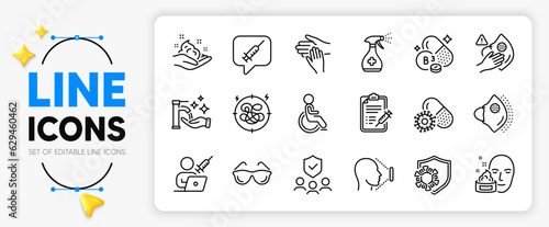 Washing hands, Vaccination appointment and Eyeglasses line icons set for app include Face id, Niacin vitamin, Coronavirus outline thin icon. People insurance, Dirty mask. Vector