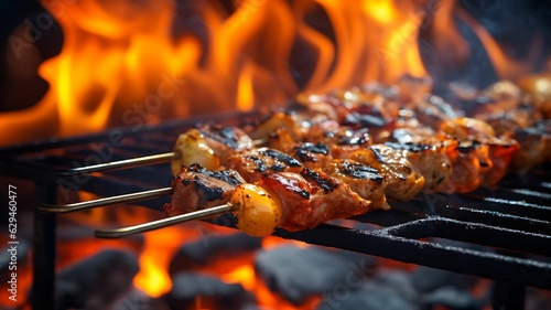 Vegetables  and meat skewers, brochette grilled on a barbecue, bbq, corn, tomatoes, eggplant, roasted veggies, cooked with fire, pork, chicken, beef, summer party, american meal, yummy food