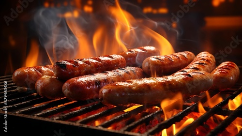 Foto sausage, merguez on a barbecue grill, sausage on a bbq, summer party, roasted me