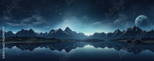 Night landscape with big mountains and blue large clean lake, colorful panorama wallpaper.