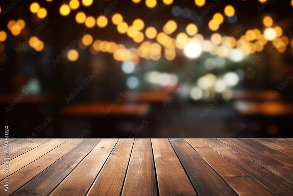 empty wooden table and blurred bokeh lights cafe background, mock up for display of product, montage your products