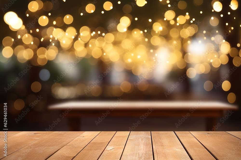 empty wooden table and blurred bokeh lights cafe background, mock up for display of product, montage your products empty wooden table and blurred bokeh lights cafe background, mock up for display of product, montage your products