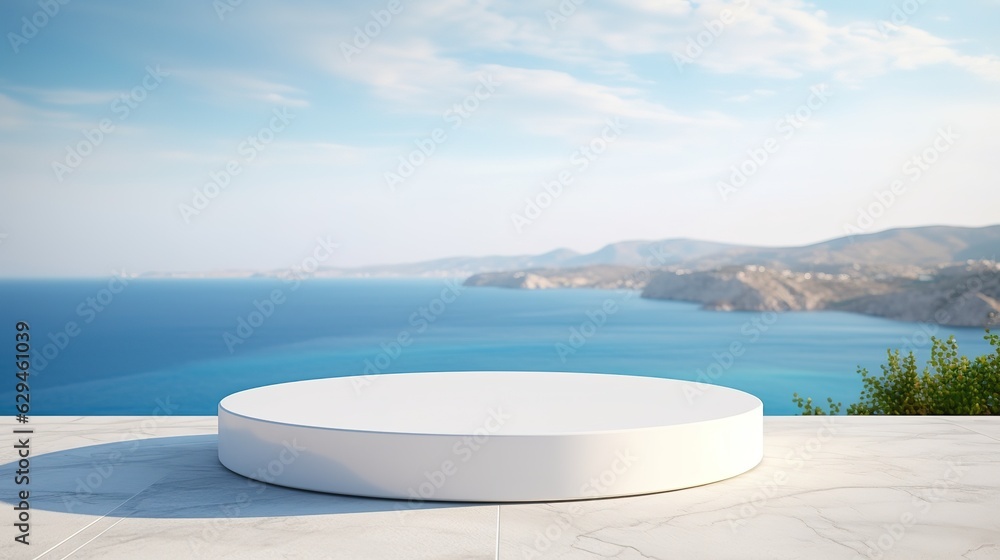 white marble podium with sea view on background, mock up for display of product, montage your products