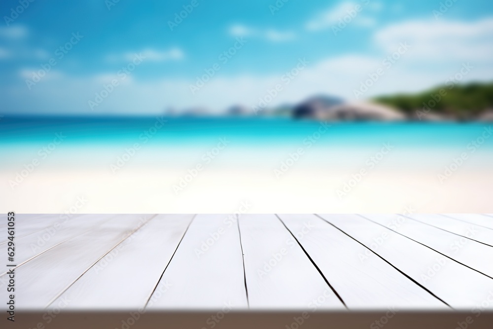 white wood table top on blurry beach background, mock up for display of product, montage your products