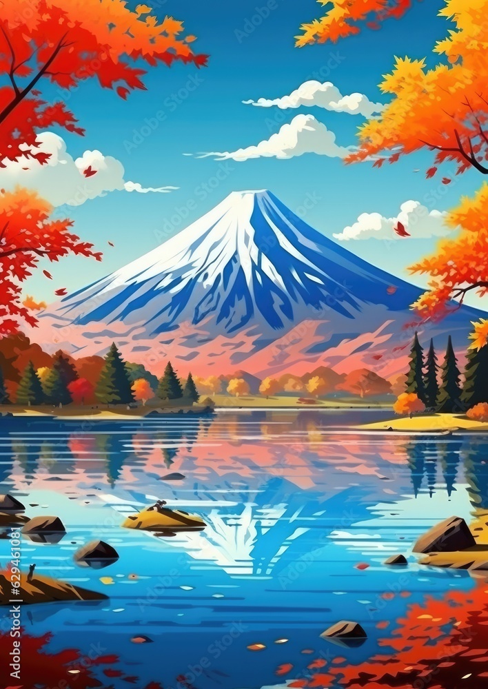 Vulcano mountain with a colorful tree in the foreground and beautiful clear mountain lake, Japan nature.