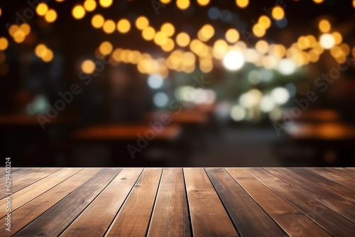 empty wooden table and blurred bokeh lights cafe background, mock up for display of product, montage your products