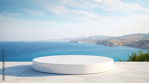 white marble podium with sea view on background  mock up for display of product  montage your products