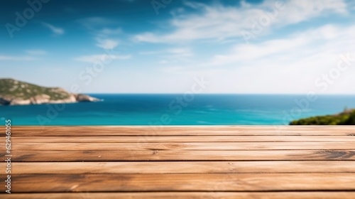 wooden table with sea on the background, mock up for display of product, montage your products