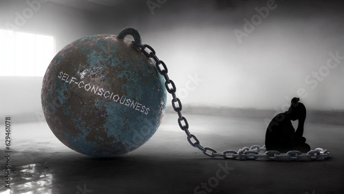 Self consciousness - a metaphorical view of a woman struggle with self consciousness. Trapped alone and chained to a burden of Self consciousness. Constant and strenuous fight.,3d illustration
