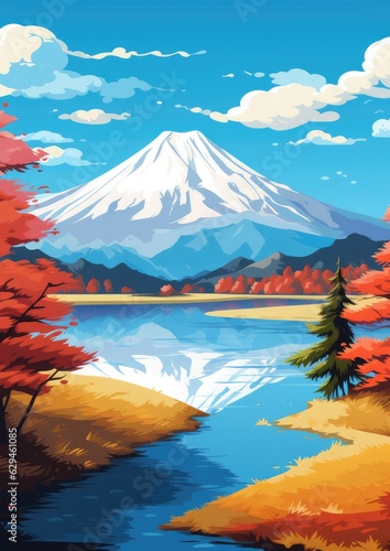 Vulcano mountain with a colorful tree in the foreground and beautiful clear mountain lake, Japan nature.