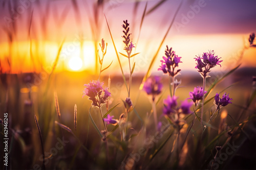 wild flowers, with a focus on lavender, in a meadow at sunset