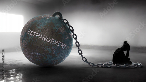 Estrangement - a metaphorical view of a woman struggle with estrangement. Trapped alone and chained to a burden of Estrangement. Constant and strenuous fight.,3d illustration