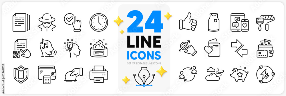 Icons set of Copy documents, Fraud and User communication line icons pack for app with Smartphone protection, Donate, Printer thin outline icon. Windy weather, T-shirt, Voicemail pictogram. Vector Icons set of Copy documents, Fraud and User communication line icons pack for app with Smartphone protection, Donate, Printer thin outline icon. Windy weather, T-shirt, Voicemail pictogram. Vector