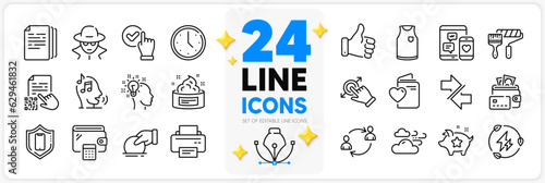 Icons set of Copy documents, Fraud and User communication line icons pack for app with Smartphone protection, Donate, Printer thin outline icon. Windy weather, T-shirt, Voicemail pictogram. Vector