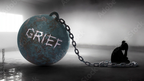 Grief - a metaphorical view of a woman struggle with grief. Trapped alone and chained to a burden of Grief. Constant and strenuous fight.,3d illustration