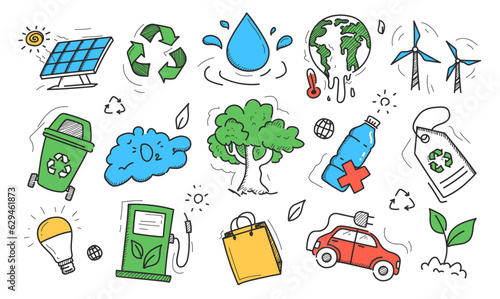 Doodle ecology icons set vector isolated. Cute and funny pictograms in hand-drawn style. Nature, recycle symbol and earth symbols. Save the planet.