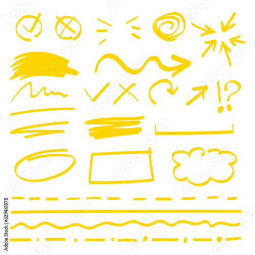 Yellow highlighter elements vector isolated. Marker lines, arrows and circles. Different scribbles, highlighter stroke on whiteboard.
