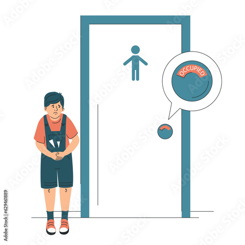 Boy with diarrhea standing at closed toilet door vector isolated. Pain in belly, stomachache. Occupied public restroom. Child suffer from pain in belly.