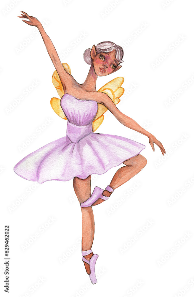 Fototapeta premium Cartoon fairy in lavender dress with magic wings. Watercolor hand drawn illustration. Design for baby shower party, birthday, cake, holiday celebration design, greetings card, invitation.