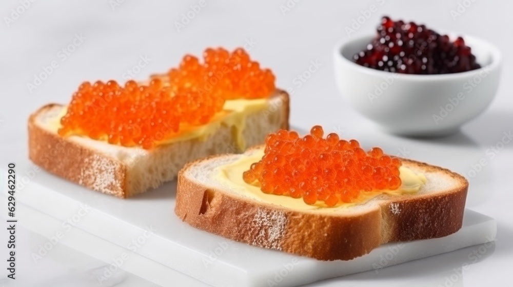Delightful composition of bread adorned with butter and red caviar, elegantly presented on a clean white background. Generative Ai Delightful composition of bread adorned with butter and red caviar, elegantly presented on a clean white background. Generative Ai