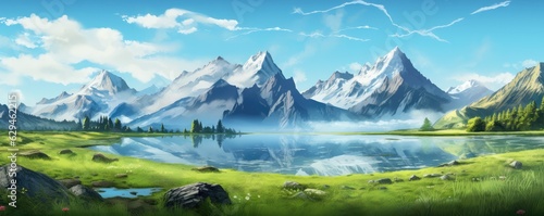 Landscape with big shaped mountains and blue large clean lake, colorful panorama.