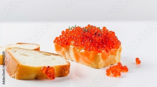 Delightful composition of bread adorned with butter and red caviar, elegantly presented on a clean white background. Generative Ai