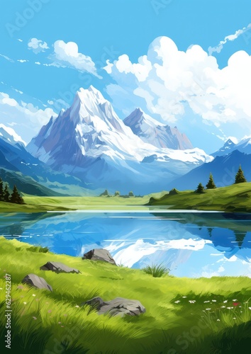 Landscape with big shaped mountains and blue large clean lake  colorful wallpaper.