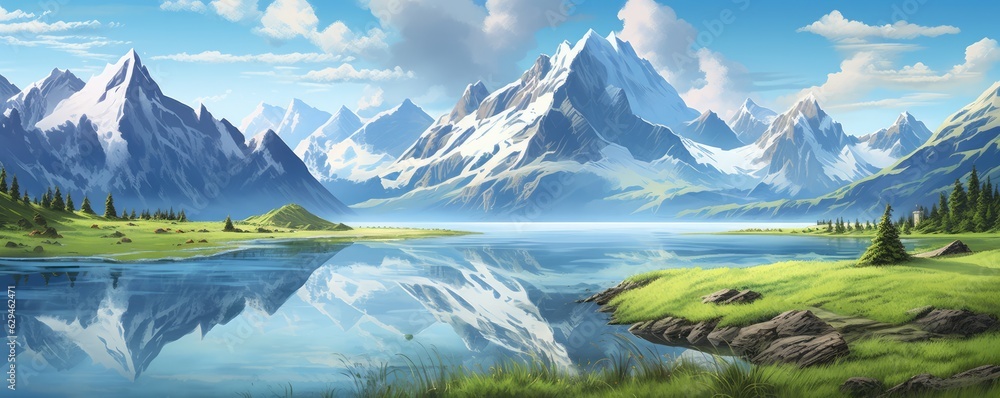 Fototapeta premium Landscape with big shaped mountains and blue large clean lake, colorful panorama.