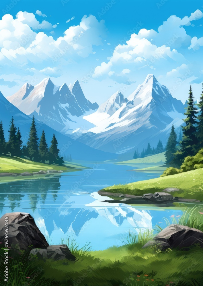 Landscape with big shaped mountains and blue large clean lake, colorful wallpaper. Landscape with big shaped mountains and blue large clean lake, colorful wallpaper.