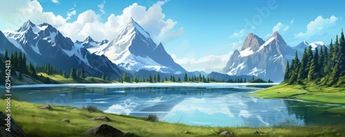 Landscape with big shaped mountains and blue large clean lake, colorful panorama. © annamaria