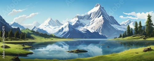 Landscape with big shaped mountains and blue large clean lake, colorful panorama. © annamaria