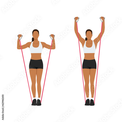 Woman doing Resistance band standing shoulder press. overhead press exercise. Flat vector illustration isolated on white background