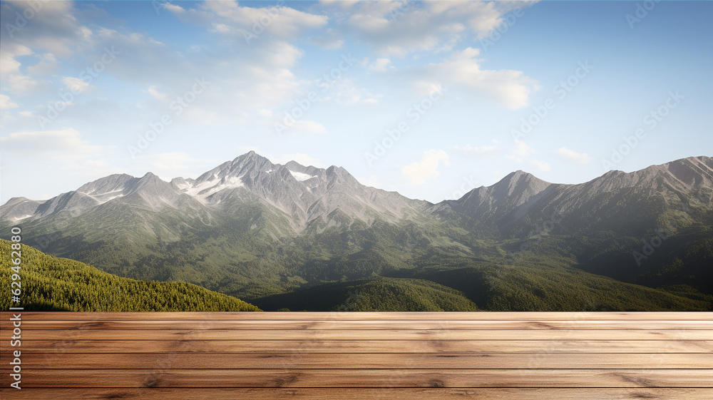 Wooden table for product display with mountains background. Generative AI