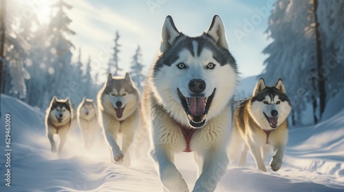 siberian husky dog pack running in a snowy winter landscape