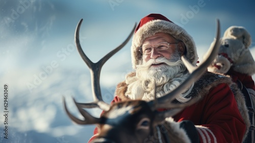 santa claus riding on a reindeer in a snowy winter landscape