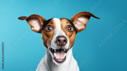 Dog - funny and excited on blue background    Generative AI © Nico Vincentini