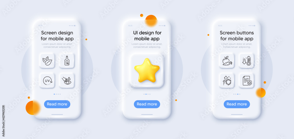 Uv protection, Alcohol free and Improving safety line icons pack. 3d phone mockups with star. Glass smartphone screen. Low thermometer, Apple carrot, Dont touch web icon. Vector Uv protection, Alcohol free and Improving safety line icons pack. 3d phone mockups with star. Glass smartphone screen. Low thermometer, Apple carrot, Dont touch web icon. Vector
