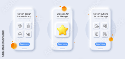 Uv protection, Alcohol free and Improving safety line icons pack. 3d phone mockups with star. Glass smartphone screen. Low thermometer, Apple carrot, Dont touch web icon. Vector